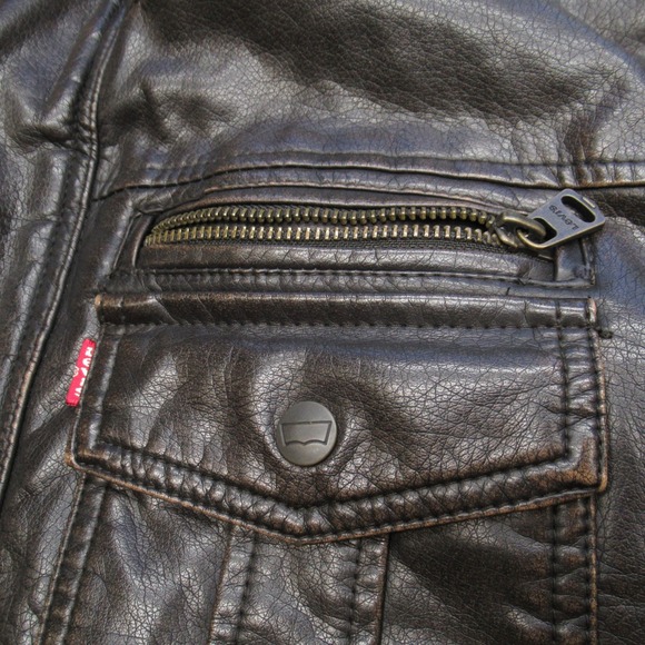 Levis Jacket Mens Large Brown Faux Leather‎ Sherpa Lined Pockets Snap Zip Front - Picture 11 of 16